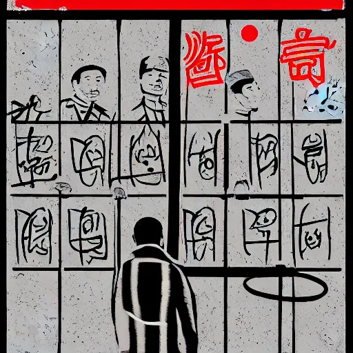 Image similar to uyghur Uighur in a prison behind bars, organ harvesting, in the style of daniel johnston and outsider art, 8k, line brush, overlaid with chinese adverts