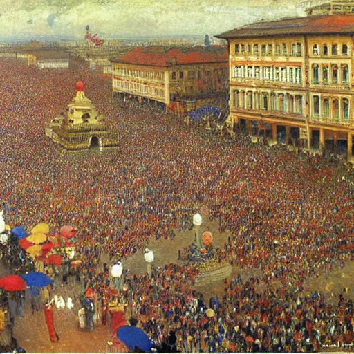 Image similar to dagomey officials with flat colorful umbrellas watching parade in ahomey's huge main square, from above, 1905, highly detailed, oil on canvas, by ilya repin