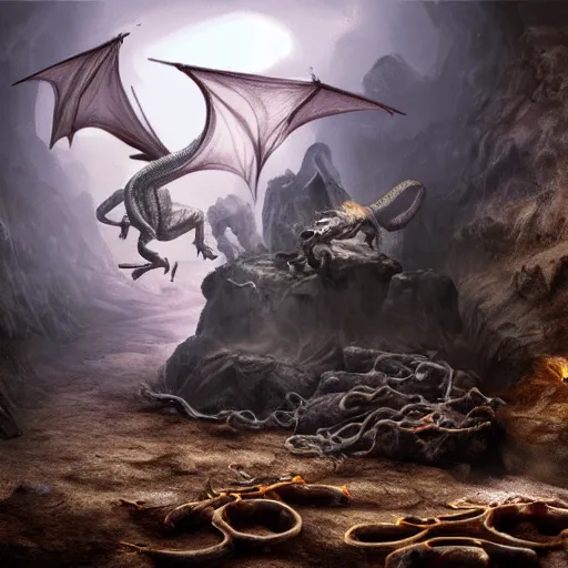 Image similar to a dragon protecting its treasure pile in a cave with bones scattered across the floor, matte painting.