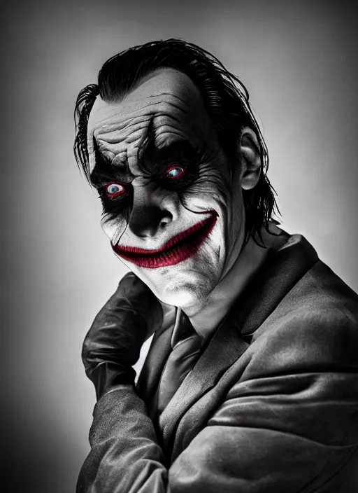 Image similar to photo of Hugo Weaving as the Joker by Lee Jeffries , big smile, head shot, detailed, award winning, Sony a7R