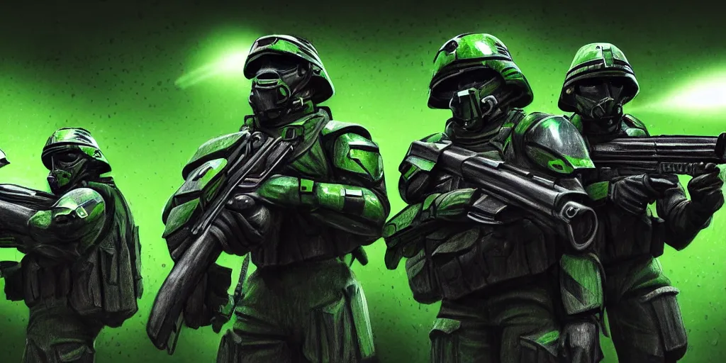 Image similar to A detailed sketch of two guerilla soldiers with green plasma rifles with revolver drums wearing grey armour with dark green stripes and full helmets with dark green visors, night, rain, water drops on the lense, a complicated black spaceship with green lights in the background, realistic 4k octane beautifully detailed render, 4k post-processing, highly detailed, intricate complexity, epic composition, magical atmosphere, cinematic lighting, masterpiece, ultra hd