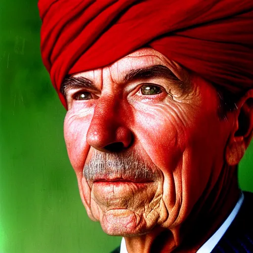 Image similar to portrait of president ronald reagan as afghan man, green eyes and red turban looking intently, photograph by steve mccurry