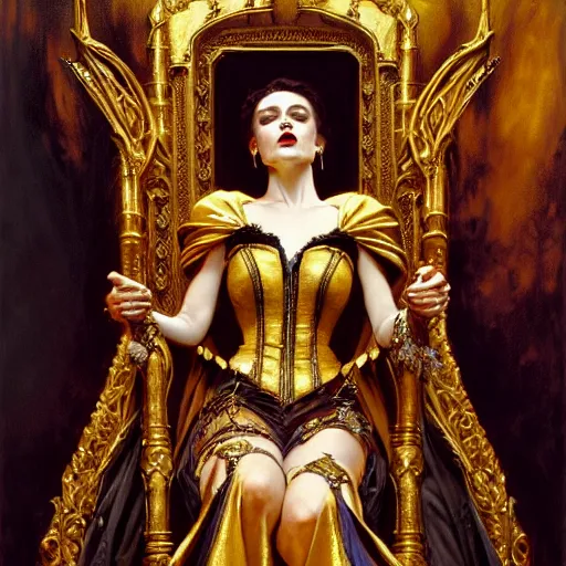 Image similar to full body portrait of beautiful vampire queen in gold gothic robes sitting on a throne of bones, elegant, highly detailed painting by gaston bussiere, craig mullins, j. c. leyendecker, 8 k, mid shot