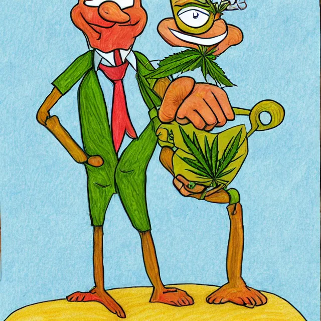 Image similar to smiling cannabis man with arms and legs cartoon, colored pencil illustration