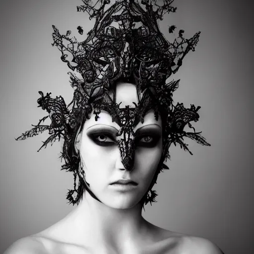 Image similar to a female harkonen model by stefan geselle and nekro borja, photorealistic, biomechanical, lace, intricate details, hyper realistic, ornate headpiece, photorealistic, canon r 3, photography, wide shot, photography, dark beauty, symmetrical features