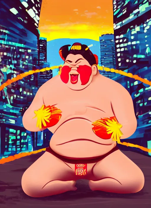 Prompt: sumo wrestler eating crispy tacos, holding hot sauce, portrait, photo realism, bokeh background, neon lights, city background, high definition, slr