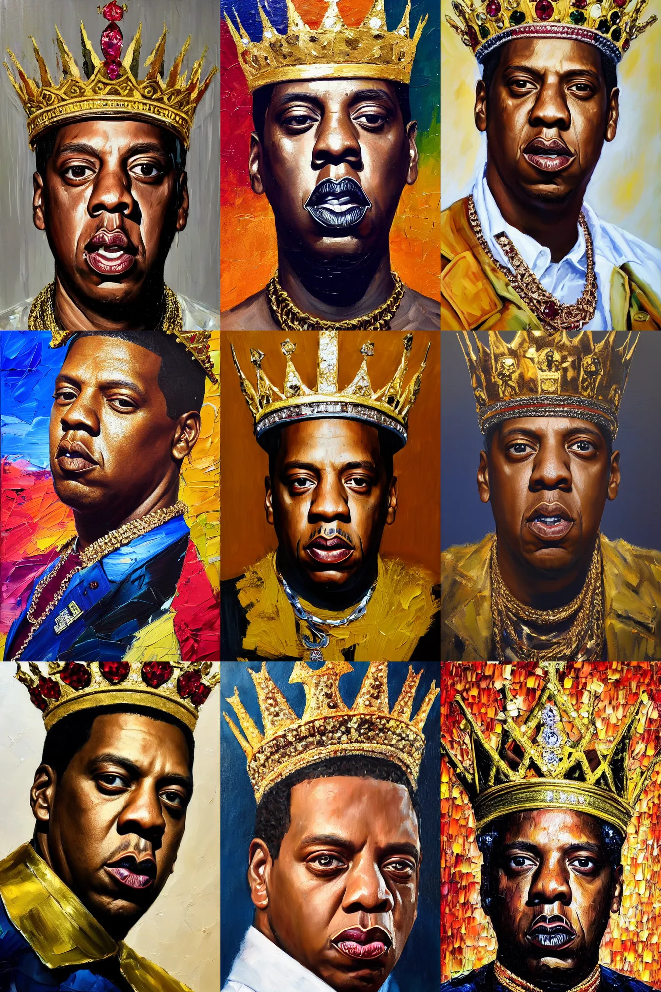 Prompt: palette knife oil painting portrait of jay - z, a king - with gold crown with diamonds and rubies, man in mafia wear and australian aboriginal body paint, concrete balcony, nightclub, artstation trending, artgerm, any racial background, deviant art, hipster, octane, substance, art history 8 k