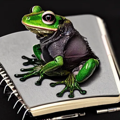 Image similar to photorealistic real life frog cleric as a transparent mesh chibi muppet plush wearing a wolf skull on its head and carrying a tiny sketch book and pencil, photography, national geographic, sesame street