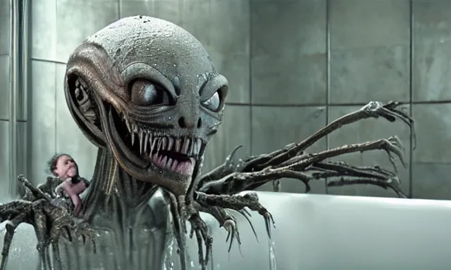 Prompt: An Alien queen designed by Stan Winston giving her baby alien designed by Weta digital and ILM a bath in a rusty bathtub, a large shower head above the baby’s head is spraying water. The room is detailed and has great depth and is filled with haze. A cinematic photograph by Hoyte van Hoytema and Gregory Crewdson.