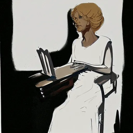 Image similar to a woman in a white dress sitting in a chair, concept art by john carpenter, volumetric lighting, hypermodernism, criterion collection