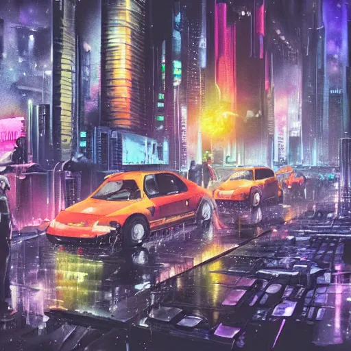 Prompt: futuristic Sci-fi cyberpunk city at night in the rain. Watercolour