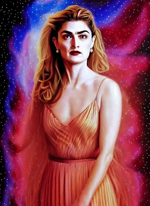 Prompt: elegantly disdainful. Shelly Johnson from Twin Peaks as empress of pulsar stars. ultra detailed painting at 16K resolution and amazingly epic visuals. epically beautiful image. amazing effect, image looks gorgeously crisp as far as it's visual fidelity goes, absolutely outstanding. vivid clarity. ultra. iridescent. mind-breaking. mega-beautiful pencil shadowing. beautiful face. Ultra High Definition. godly shading diffusion. amazingly crisp sharpness. photorealistic 3D rendering on film cel processed twice..