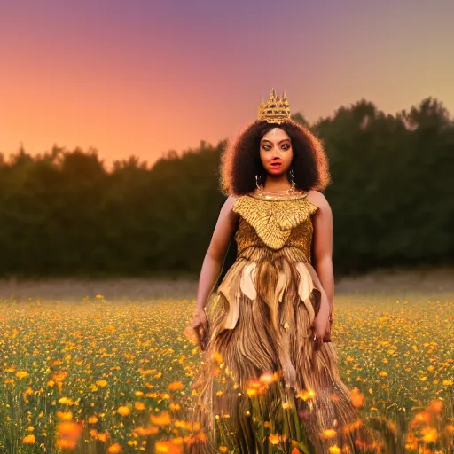 Image similar to brown skin goddess, with gold crown,curly light brown hair gold fairytale dress , standing in a field of flowers, sunset, realistic, 4k,