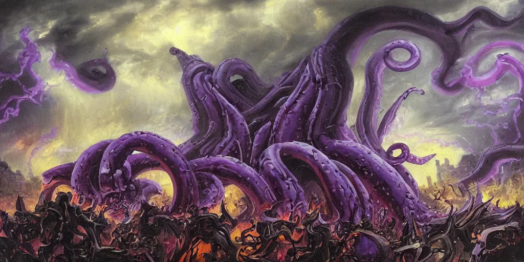Prompt: giant purple tentacle demon. besieges ancient city. during lightning storm. oil painting. masterpiece. By Wayne Barlow.