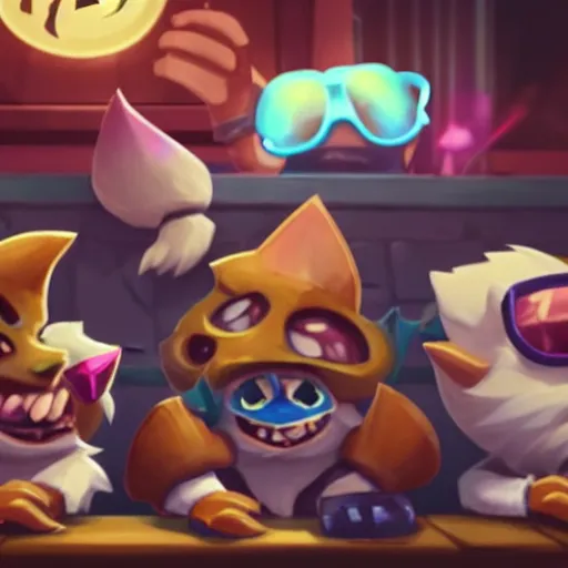 Image similar to yordles from TFT hanging out with his best friends at the bar