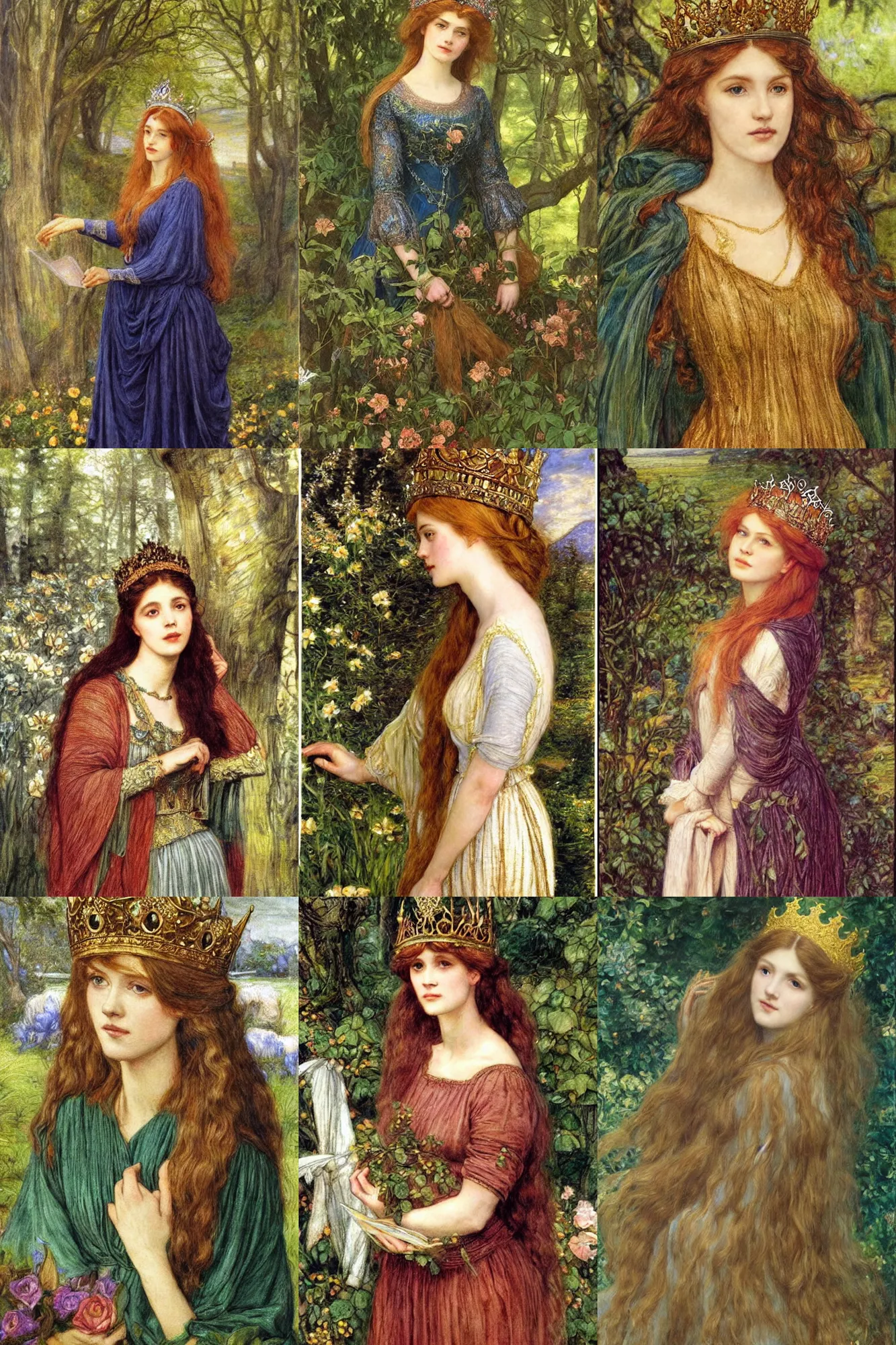 Prompt: a painting of a woman with a crown on her head, a detailed painting by Arthur Hughes, pinterest, pre-raphaelitism, pre-raphaelite, detailed painting, storybook illustration