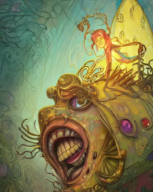 Image similar to spongebob insane eyes, extreme close up, madness, insanity, highly detailed, gold filigree, romantic storybook fantasy, soft cinematic lighting, award, disney concept art watercolor illustration by mandy jurgens and alphonse mucha and alena aenami, pastel color palette, featured on artstation