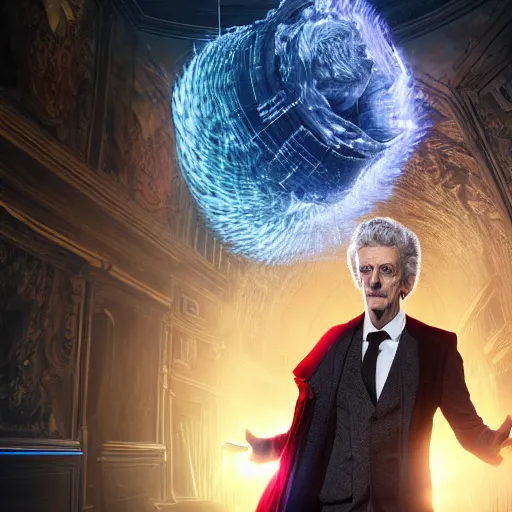 Image similar to full body pose, hyperrealistic photograph of peter capaldi, dim volumetric lighting, 8 k, octane beautifully detailed render, extremely hyper detailed, intricate, epic composition, cinematic lighting, masterpiece, trending on artstation, very very detailed, stunning, hdr, smooth, sharp focus, high resolution, award, winning photo, dslr, 5 0 mm