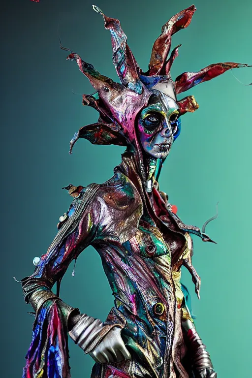 Prompt: shiny chrome statue of matte vibrant elf, sculpture with metallic polished intricated surface, brush paint dripping, dressed with an old colorful torn fancy silk cloak, using bone necklace, made by antonio corradini, and dug stanat, macabre art, dark surrealism, epic and cinematic view, volummetric light, texturized, detailed, freak carnival, 8 k