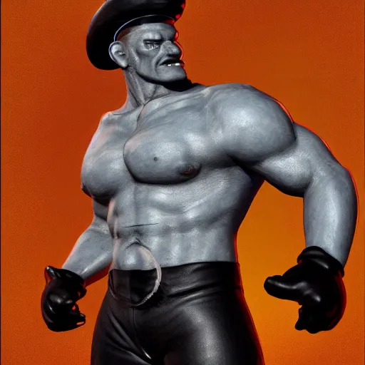 Image similar to 3 5 mm photo of popeye the sailor man wearing leather gear in the style of tom of finland, hairy chest, full body, ultra high detailed, glowing lights, oil painting, unreal 5, daz, hyperrealistic, octane render, rpg portrait, dynamic lighting, fantasy art, beautiful face