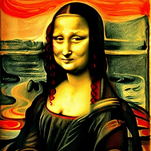 Prompt: the mona lisa screaming with hair on fire by edvard munch