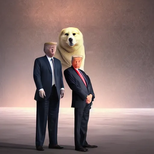 Image similar to Donald Trump with doge body, realistic artstyle, wide shot, dramatic lighting, octane render, hyperrealistic, high quality, highly detailed, HD, beautiful, cinematic, 8k, unreal engine, facial accuracy, symmetrical