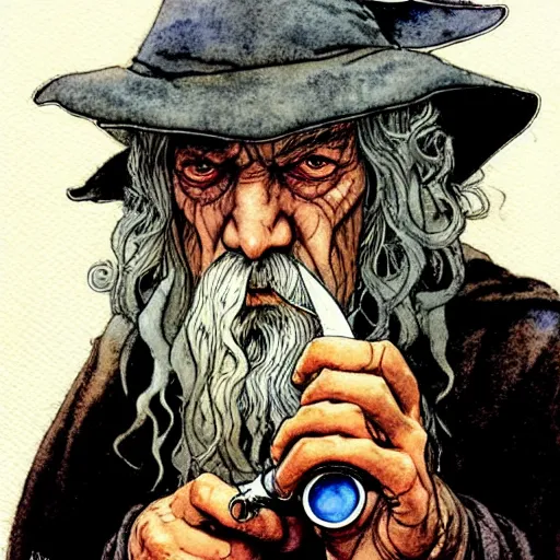 Image similar to a realistic and atmospheric watercolour fantasy character concept art portrait of gandalf with bloodshot eyes smoking a pipe looking at the camera by rebecca guay, michael kaluta, charles vess and jean moebius giraud