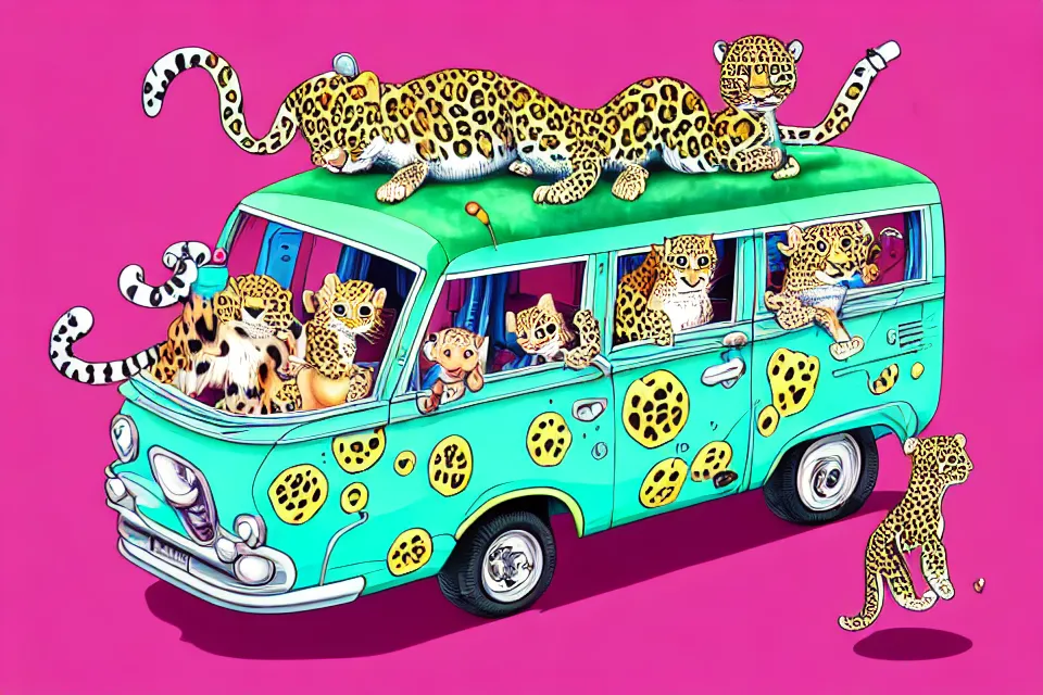 Image similar to cute and funny, baby leopard riding in a mystery machine van, ratfink style by ed roth, centered award winning watercolor pen illustration, isometric illustration by chihiro iwasaki, edited by range murata, tiny details by artgerm and watercolor girl, symmetrically isometrically centered, sharply focused