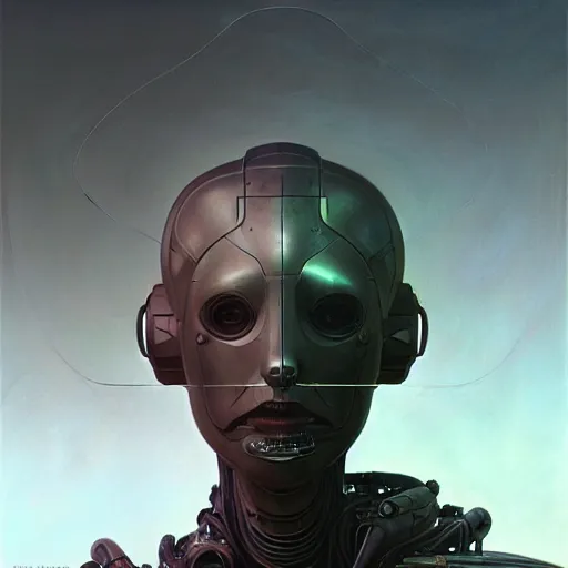 Image similar to detailed concept art portrait of a high - tech humanoid robot on a depth of field background, artstation, award - winning realistic sci - fi concept art by jim burns and greg rutkowski, beksinski, a realism masterpiece, expressive color palette, james gilleard, bruegel, alphonse mucha, and yoshitaka amano