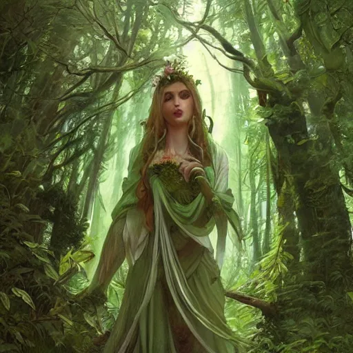 Prompt: Green Witch in the forest nature unity, gardens, detailed plant life, art by artgerm and greg rutkowski and alphonse mucha
