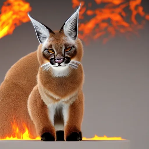 Image similar to wide-angle photo of fluffy cute caracal sitting on a stool in a room, flames of fire at background, octane render, 3d, 8k, hd, studio light