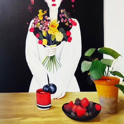 Image similar to “art in an Australian artist’s apartment, portrait of a woman wearing black silk cloth, eating luscious fresh raspberries and strawberries and blueberries, white wax, edible flowers, Japanese pottery, Australian native flannel flowers ikebana, black walls, acrylic and spray paint and oilstick on canvas”