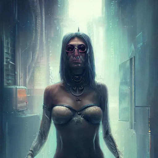 Prompt: cyberpunk, shaman, full lenght portrait, artstation, by bastien lecouffe - deharme, highly detailed, chillwave