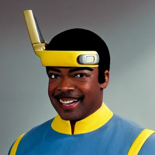 Prompt: Geordi LaForge wearing visor and a colander and random kitchen tools on his head