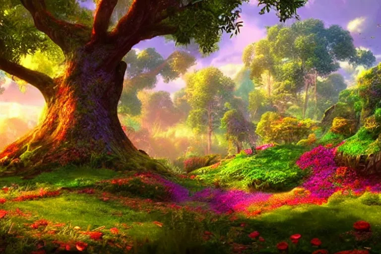 Image similar to Landscape of a beautiful enchanted fantasy world. Colorful. A giant tree. Cinematic lighting. Photorealism.