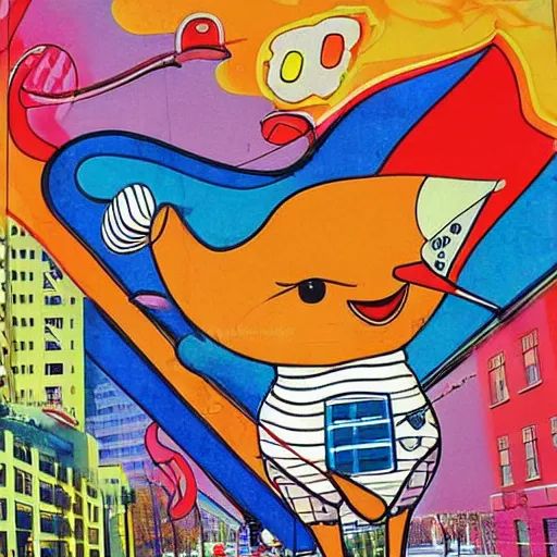 Image similar to by howard schatz, by richard scarry mild. a beautiful street art of a large, colorful bird with a long, sweeping tail. the bird is surrounded by swirling lines & geometric shapes in a variety of colors