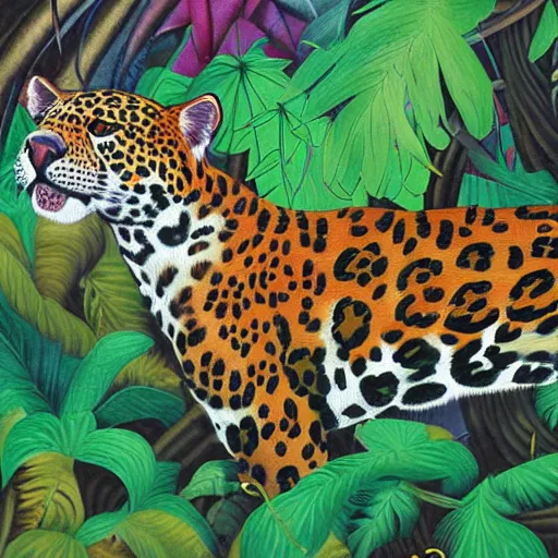 Image similar to a velvet painting of a colorful jaguar in a jungle by edgar leeteg