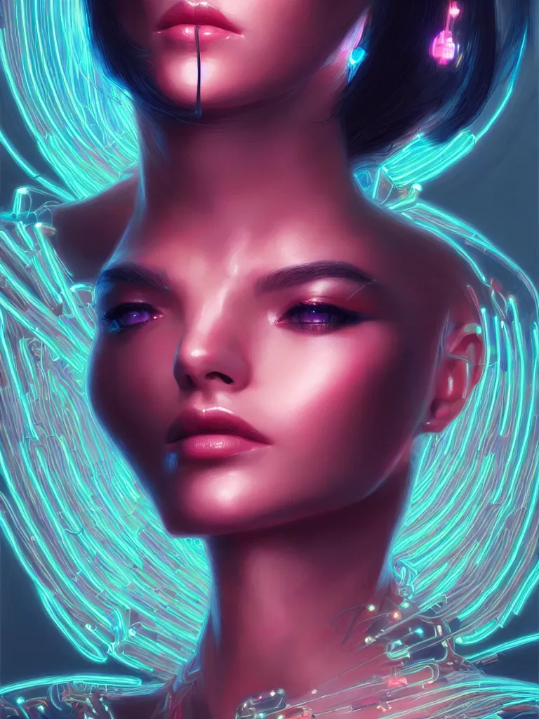 Image similar to portrait of female humanoid from 6 0 s era, intricate, elegant, cyber neon lights, highly detailed, digital painting, artstation, glamor pose, concept art, smooth, sharp focus, illustration, art by artgerm and greg rutkowski