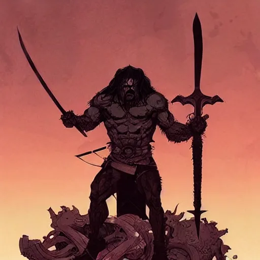 Image similar to cell shaded cartoon, a dark lord conan the Barbarian raising a sword atop a mountain of bones, concept art by josan gonzales and wlop, Laurie Greasley and james jean, highly detailed, sharp focus, Trending on Artstation, HQ, deviantart, art by artgem