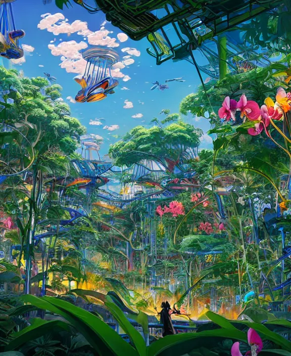 Image similar to simplicity, an amusement park made out of predatory organic creatures, in the style of an asymmetrical spaceship, overgrown with orchids, partly cloudy, sun - drenched, by dan mumford, yusuke murata, makoto shinkai, ross tran, cinematic, unreal engine, cel shaded, featured on artstation, pixiv