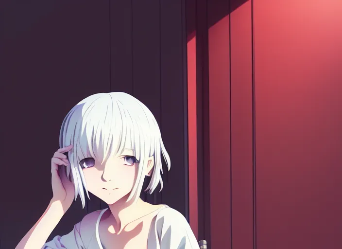 Prompt: anime visual, portrait of a white haired cute girl with red eye in her interior room, cute face by ilya kuvshinov, yoshinari yoh, makoto shinkai, katsura masakazu, dynamic perspective pose, detailed facial features, kyoani, rounded eyes, crisp and sharp, cel shad, anime poster, ambient light