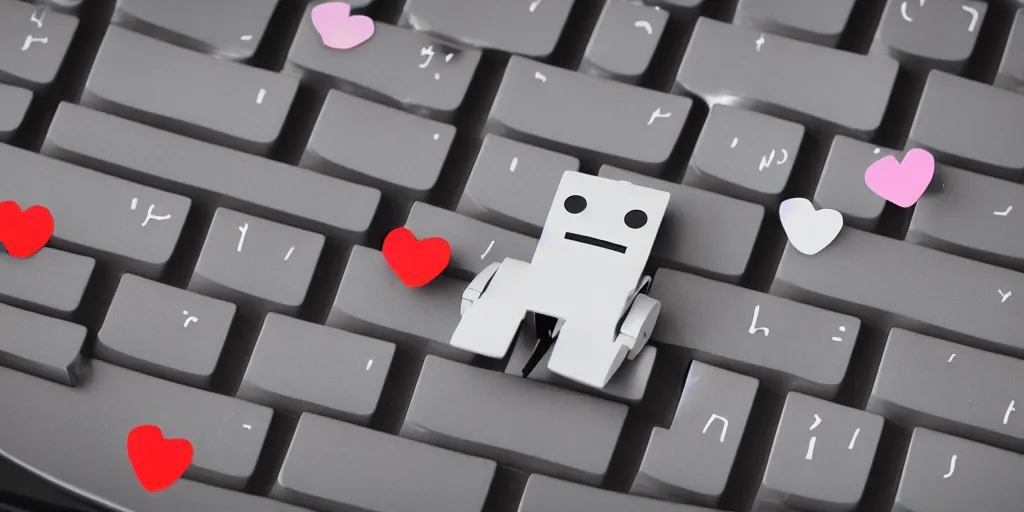 Prompt: “a tiny robot writing a letter on a keyboard laptop with hearts floating in the air”