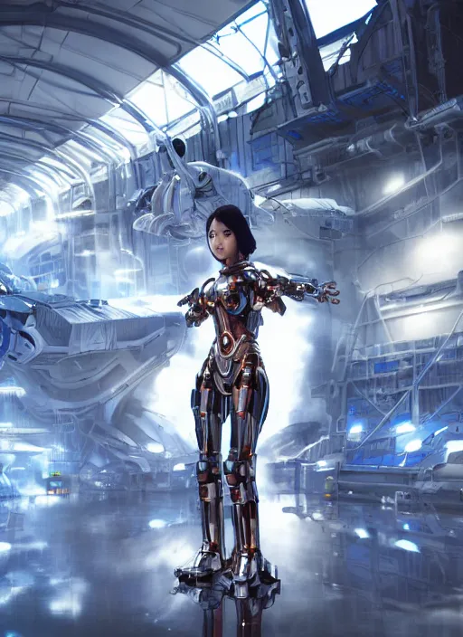 Image similar to a young attractive Asian woman wearing mecha armor inside a sci-fi hangar, dramatic pose, chrome, blue LEDs, wires and cables, highly detailed, photorealistic, volumetric lighting, digital art, octane render, in the style of Artgerm and Tom Bagshaw