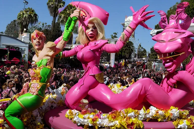 Prompt: Angelyne fights Scorpion from Mortal Kombat on a float at the Rose Parade, hyperdetailed, photorealistic,