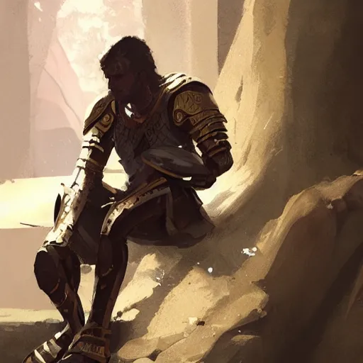 Prompt: 'A human male paladin in chainmail is resting after a fight, art by Greg Rutkowski, 4k'