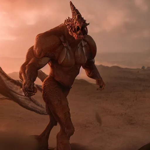 Image similar to 5 meters tall muscular dragon armored giant man in shorts, high definition movie, photorealistic detail, futuristic production, adventure movie, 8 k