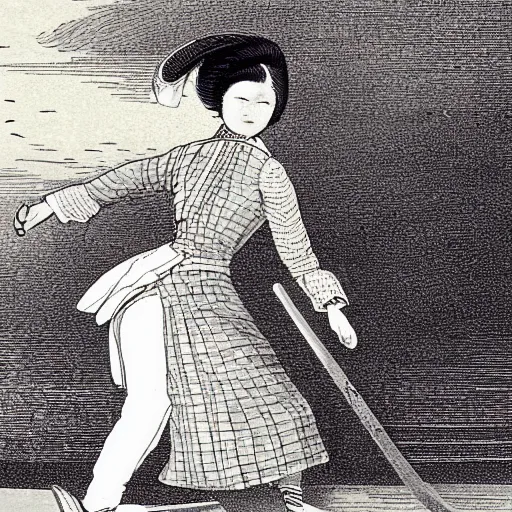Prompt: lady skateboarding, high detail, 1 9 th century illustration by uijung kim