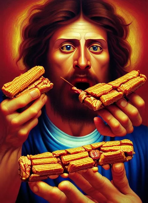 Image similar to hyper detailed 3d render like an Oil painting - Portrait of Jesus Christ eating a Snickers bar by Jacek Yerka, Mariusz Lewandowski, Houdini algorithmic generative render, Abstract brush strokes, Masterpiece, Edward Hopper and James Gilleard, Zdzislaw Beksinski, Mark Ryden, Wolfgang Lettl, hints of Yayoi Kasuma, octane render, 8k