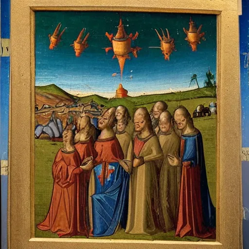 Prompt: Medieval painting about UFOs visiting Earth