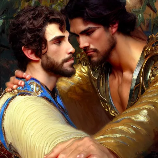 Image similar to attractive fully clothed king confesses his love for his attractive fully clothed male prince. highly detailed painting by gaston bussiere, craig mullins, j. c. leyendecker 8 k